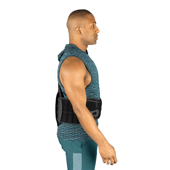 Coretech 631 lumbar brace LSO with male model wearing it, view from the right