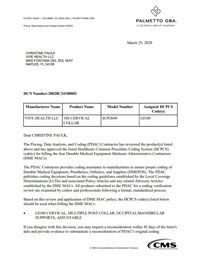 PDAC Letter of HCPCS L0180 for the Coretech SUP2049 180 Cervical Collar