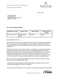 PDAC Letter of HCPCS L3908 for the Coretech SUP2039 908 Wrist Splint (Right)